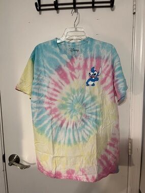 Disney tie-dye and Stitch T-shirt, large pink, yellow, and blue tie-dye